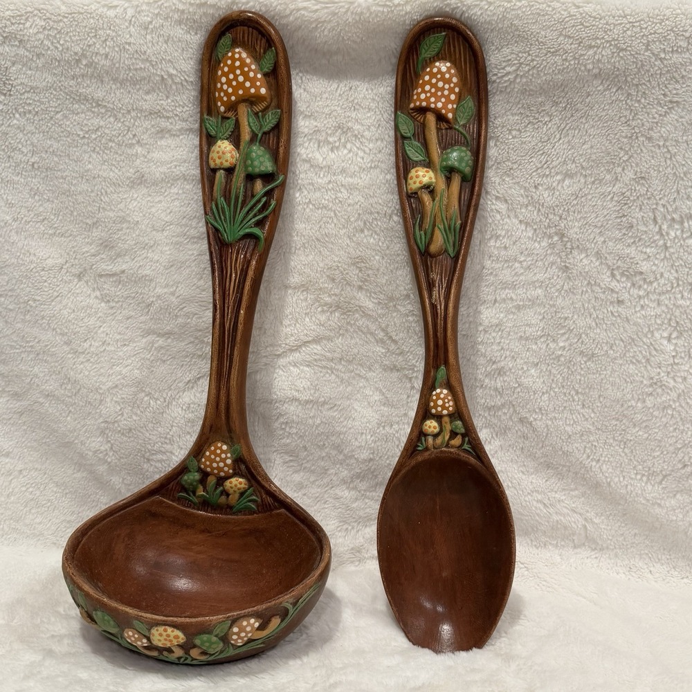 Vtg Antique 70s Arnels Ceramic Mushroom 17" Spoon Ladle Wall Hanging Set Kitchy